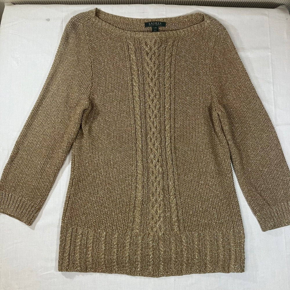 Lauren Ralph Lauren Gold Metallic Cable Knit Boat Neck Sweater Large L/G